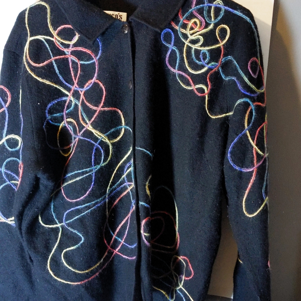 Chico' design sweater colorful stitching art